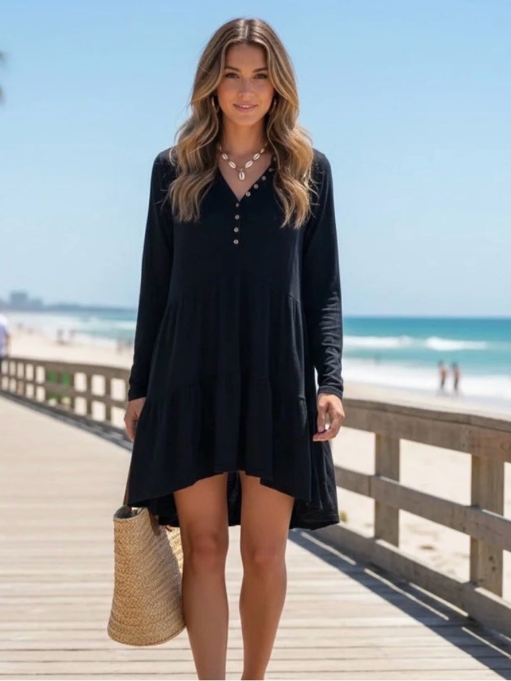 Free people beach tiered long sleeve mini dress size small black